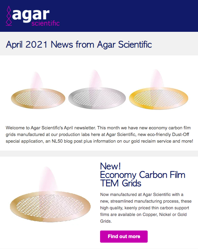 Agar Express April 2021 - new, quality carbon film grids manufactured by Agar Scientific & more!