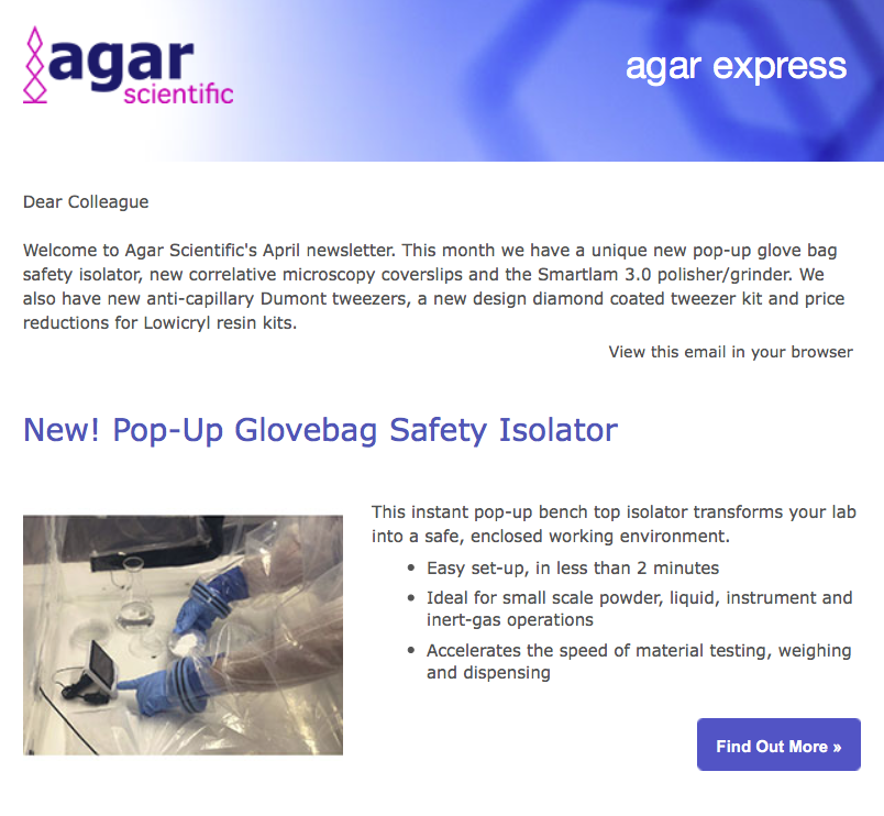 Agar Express April 2019 - A unique new pop-up glove-bag, new correlative microscopy coverslips, the Smartlam 3.0 Polisher/Grinder & more...