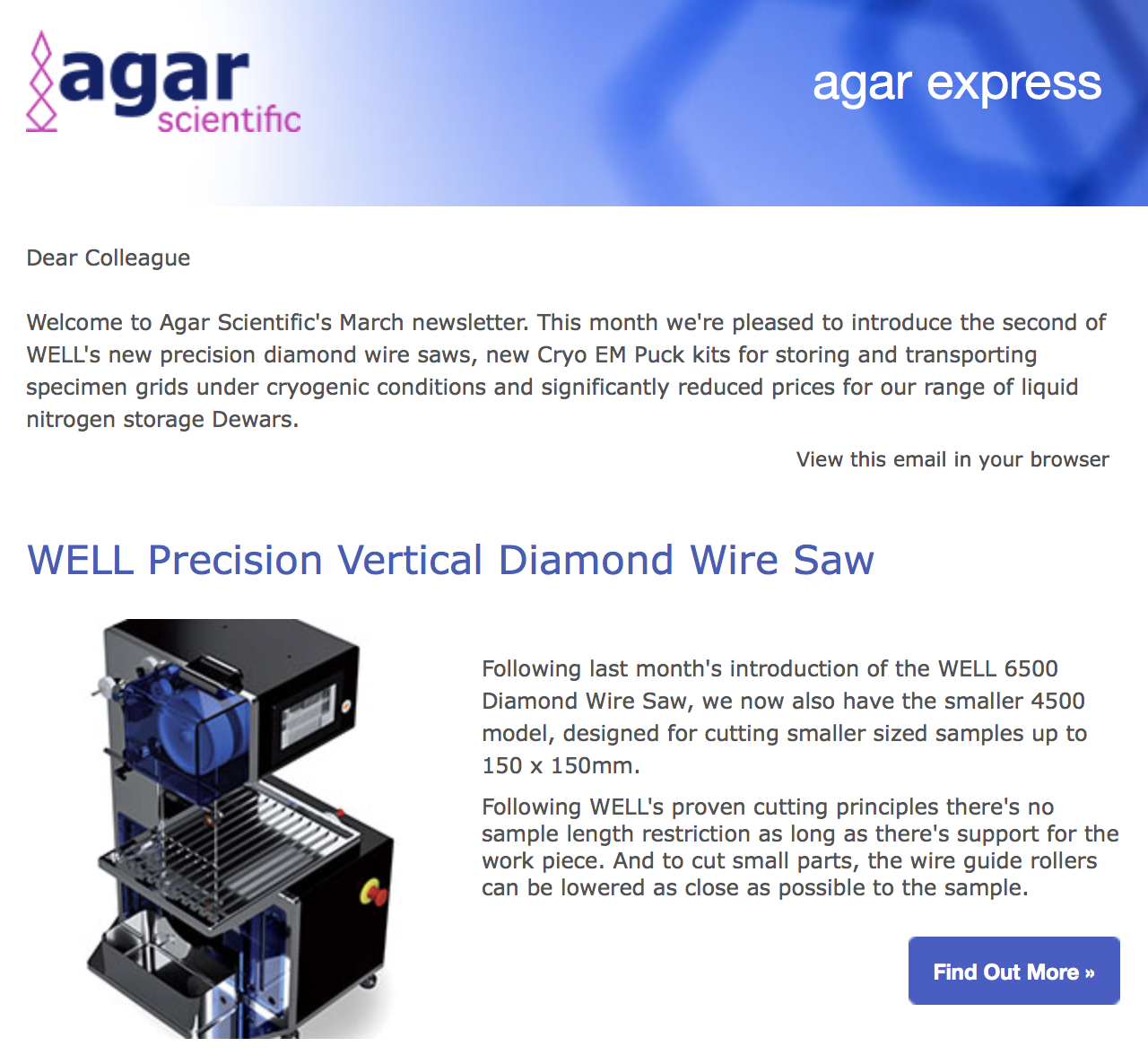 Agar Express March 2018 - a new diamond wire saw, Cryo-EM pucks, Dewars prices reduced and more...
