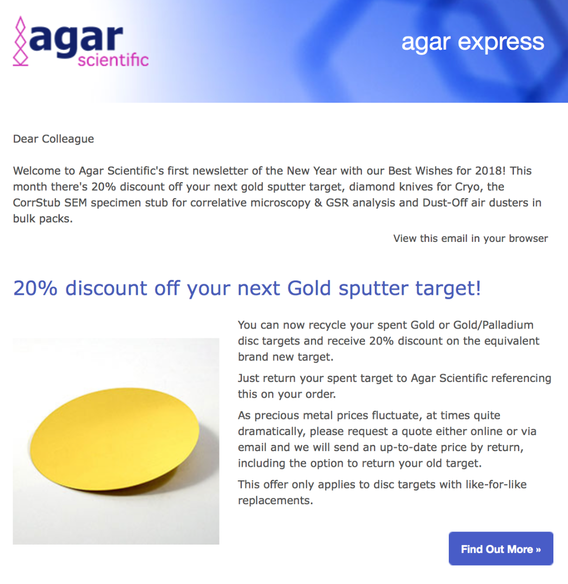 Agar Express January 2018 - 20% discount off your next Gold sputter target & more...