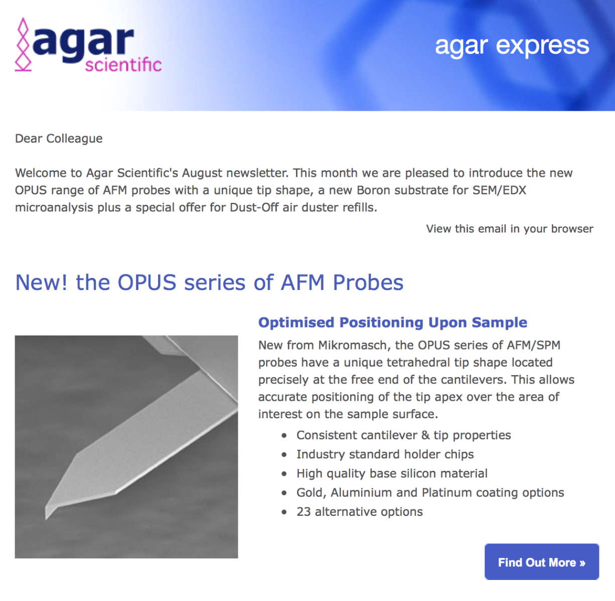 Agar Express August 2018 - new AFM probes with a unique tip shape, Boron substrate for SEM/EDX & more...