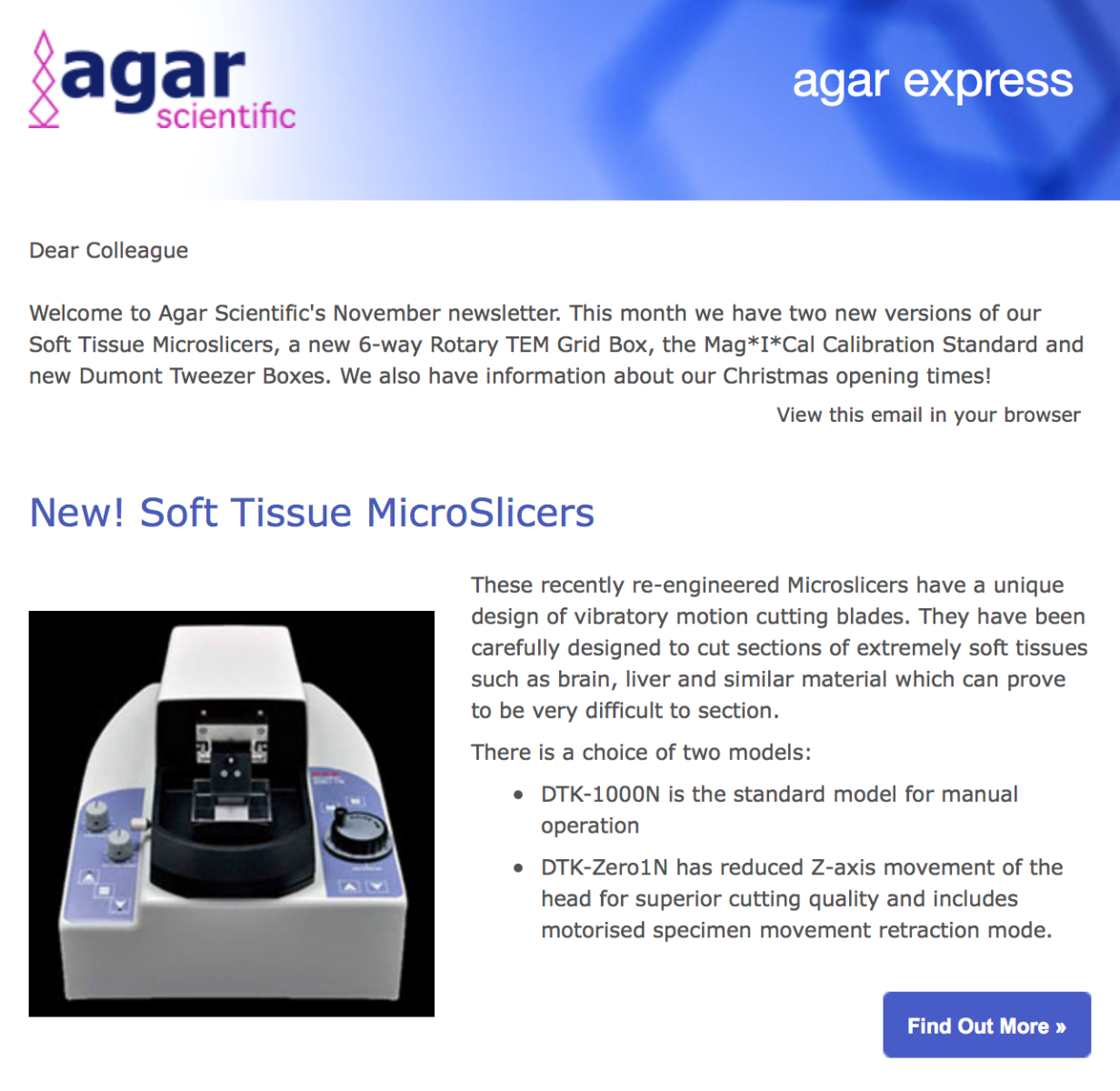 Agar Express November 2018 - Introducing new Microslicers, TEM grid boxes, Dumont Tweezer Boxes & more...