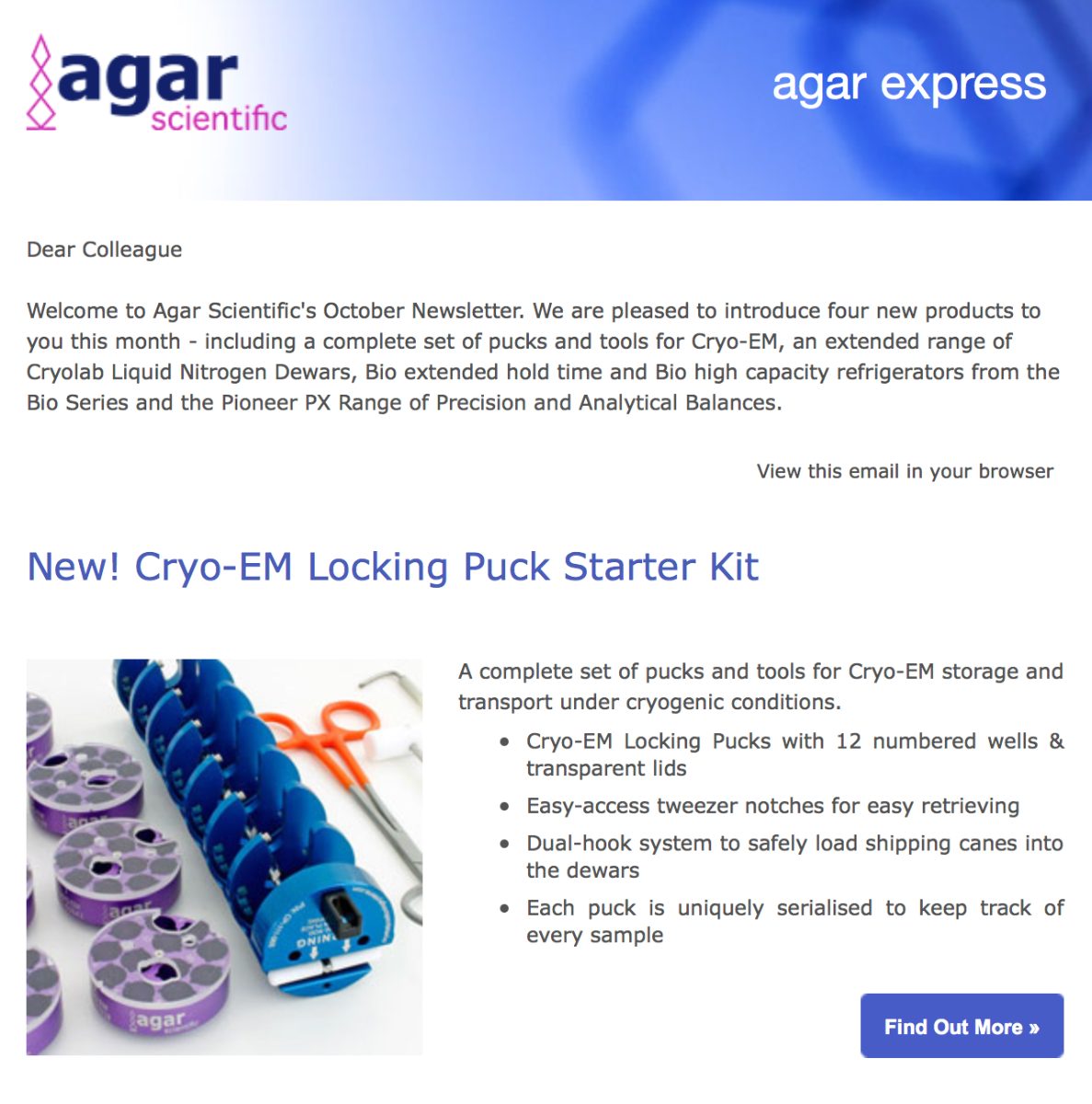 Agar Express October 2018 - Discover our new range of Cryo Pucks, Dewars & more…