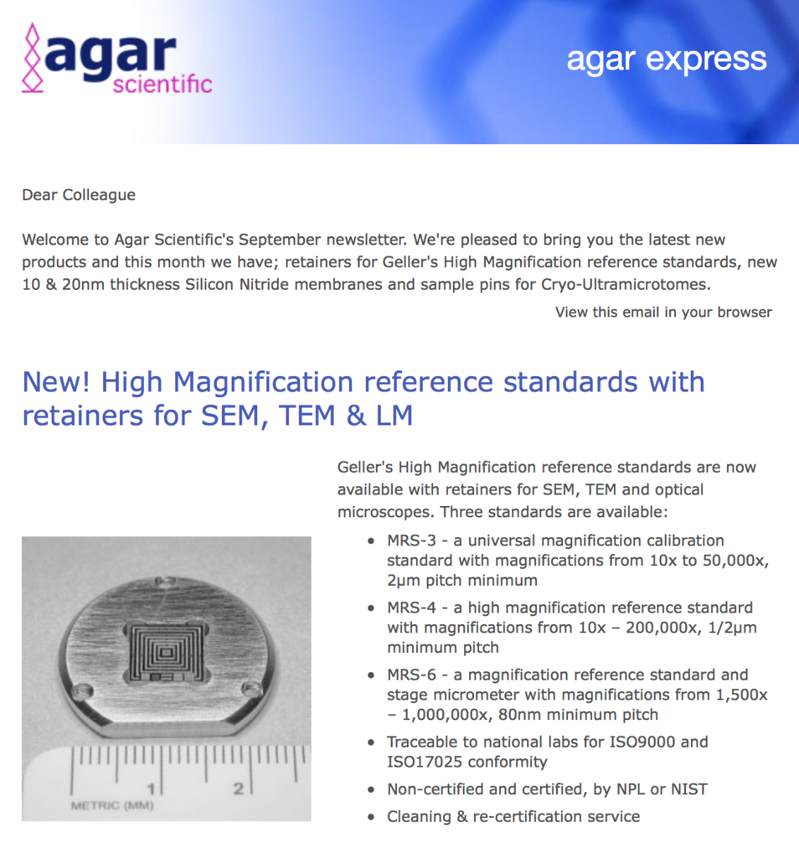 Agar Express September 2018 - new retainers for High Magnification EM reference standards, 10 & 20nm Silicon Nitride membranes & more…