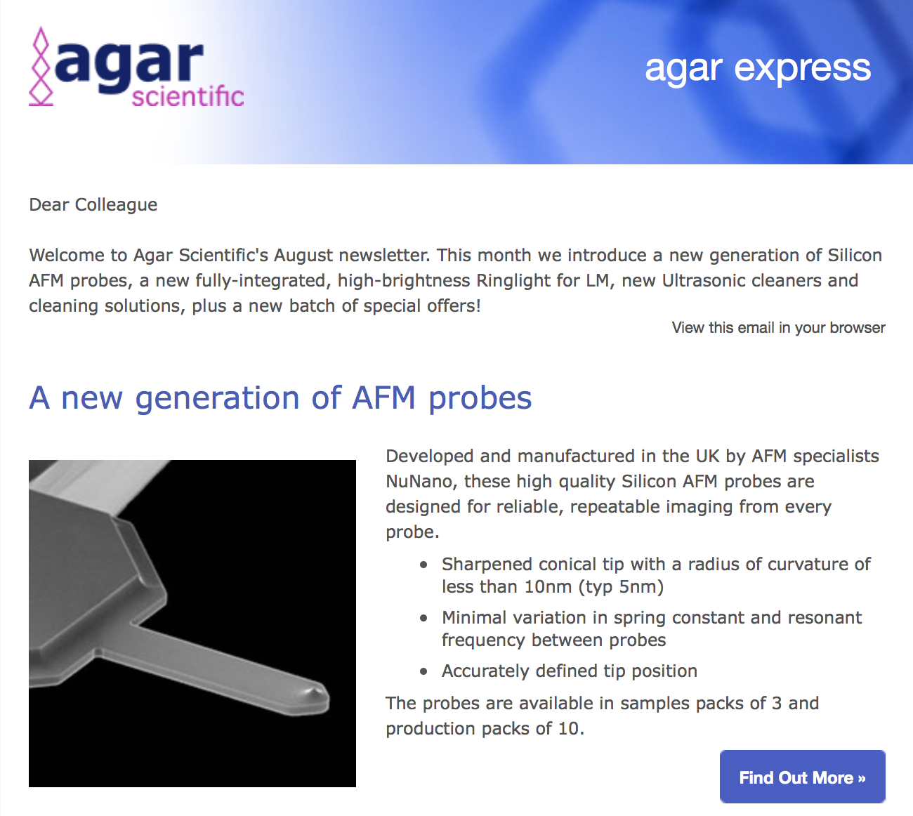 Agar Express August 2017 - new Silicon AFM probes, high-brightness Ringlight for LM, Ultrasonic cleaners & more