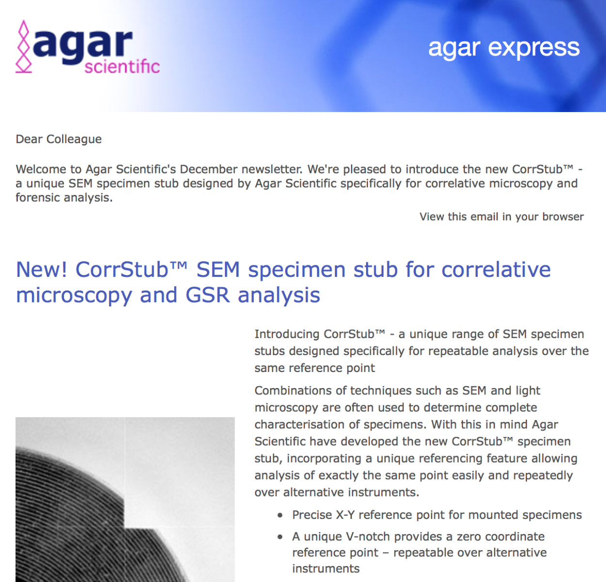Agar Express December 2017 - introducing our new CorrStub® a unique SEM specimen stub for correlative microscopy & more...