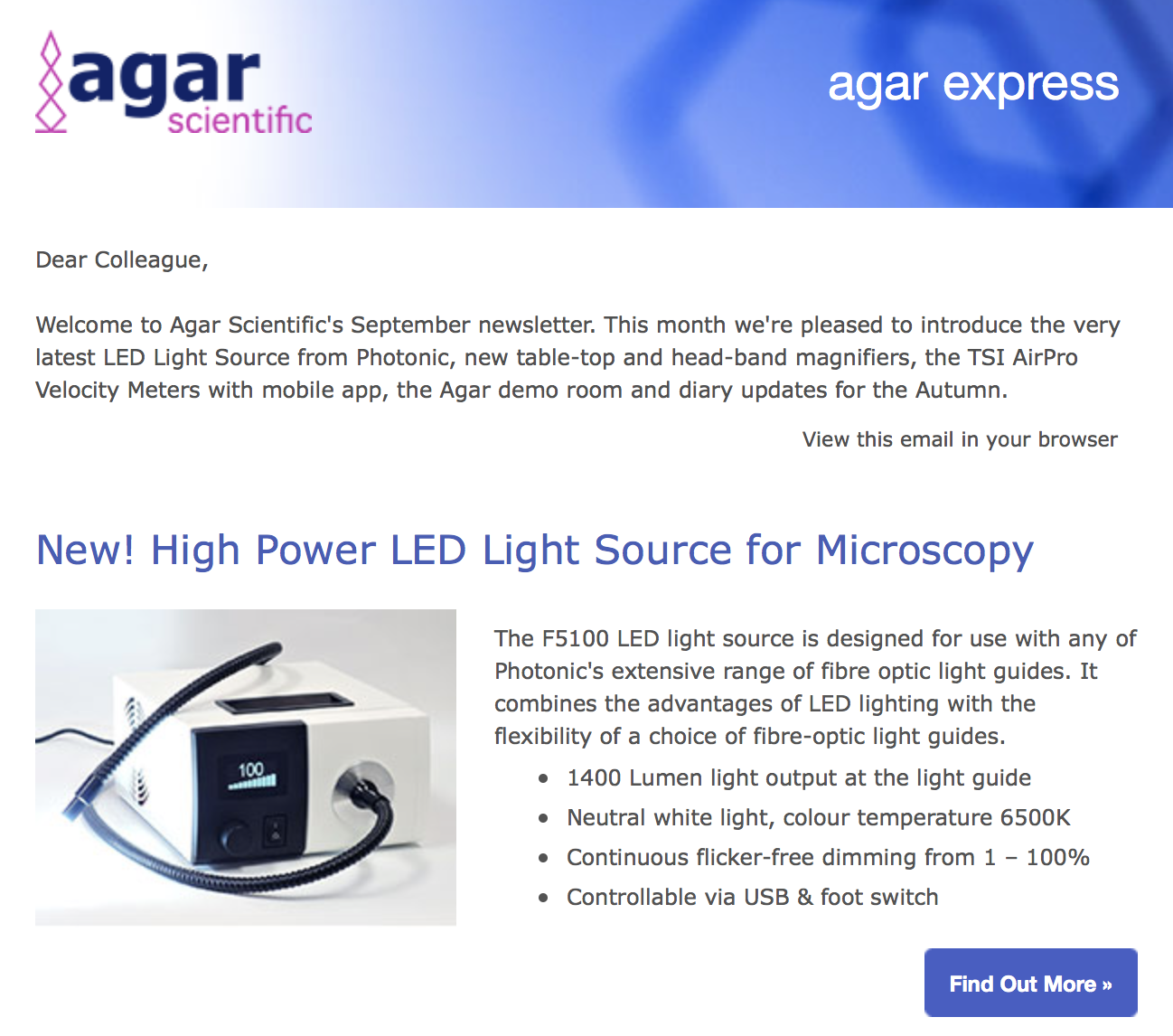Agar Express September 2017 - new LED Light Source, magnifiers, TSI AirPro Velocity Meters with mobile app, the Agar demo room & more
