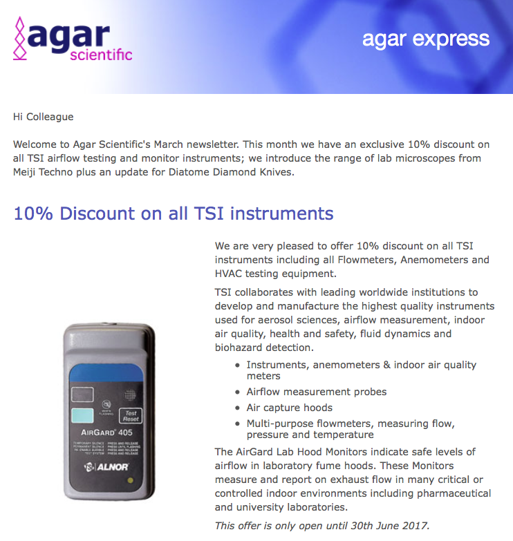 Agar Express March 2017 - 10% discount for all TSI instruments, a new range of light microscopes & more
