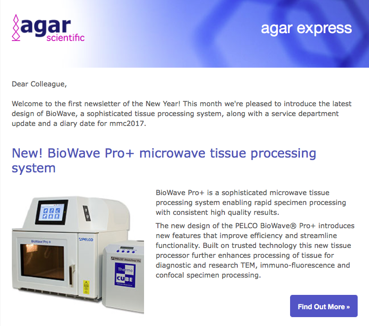Agar Express January 2017 - this month, latest design BioWave microwave tissue processing & more...