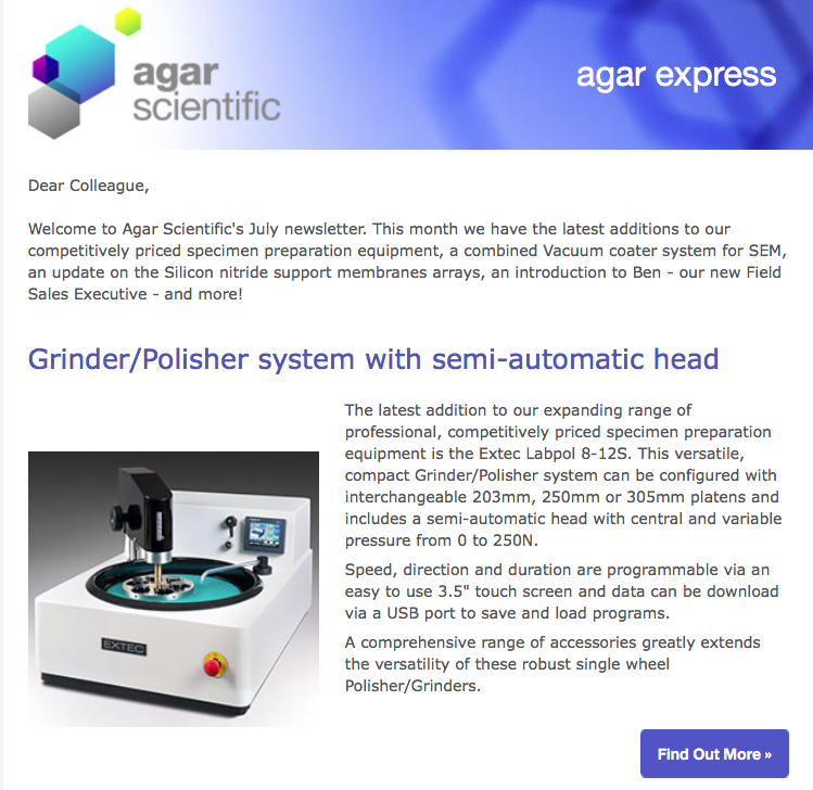 Agar Express July 2016 - new Polisher Grinders for EM, a combined Vacuum coater system, Silicon nitride support membranes arrays and more...