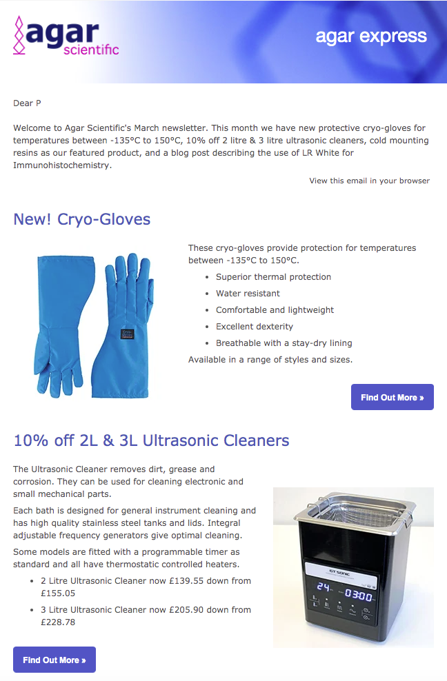 Agar Express March 2021 - new range of cryo-gloves, 10% off ultrasonic cleaners & more!